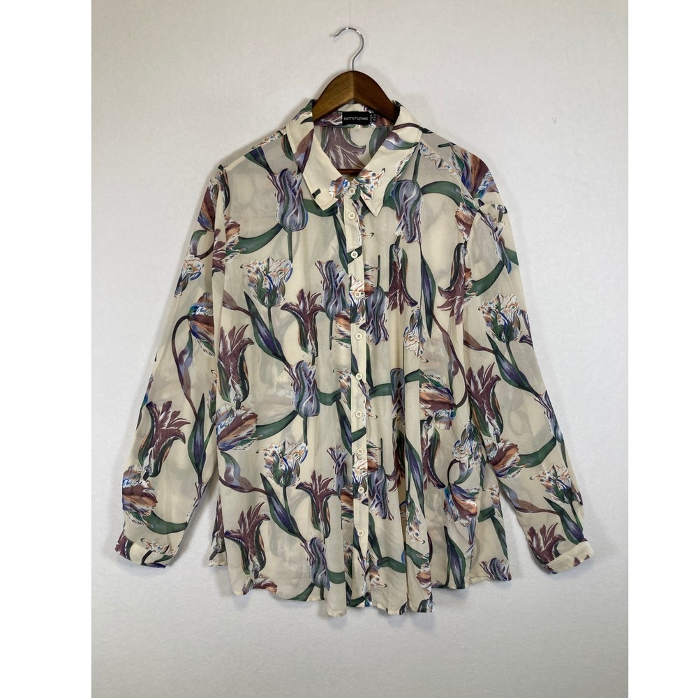 Romantic Floral PrettyLittleThing Women 16 Floral Tulip Sheer Button Down Blouse